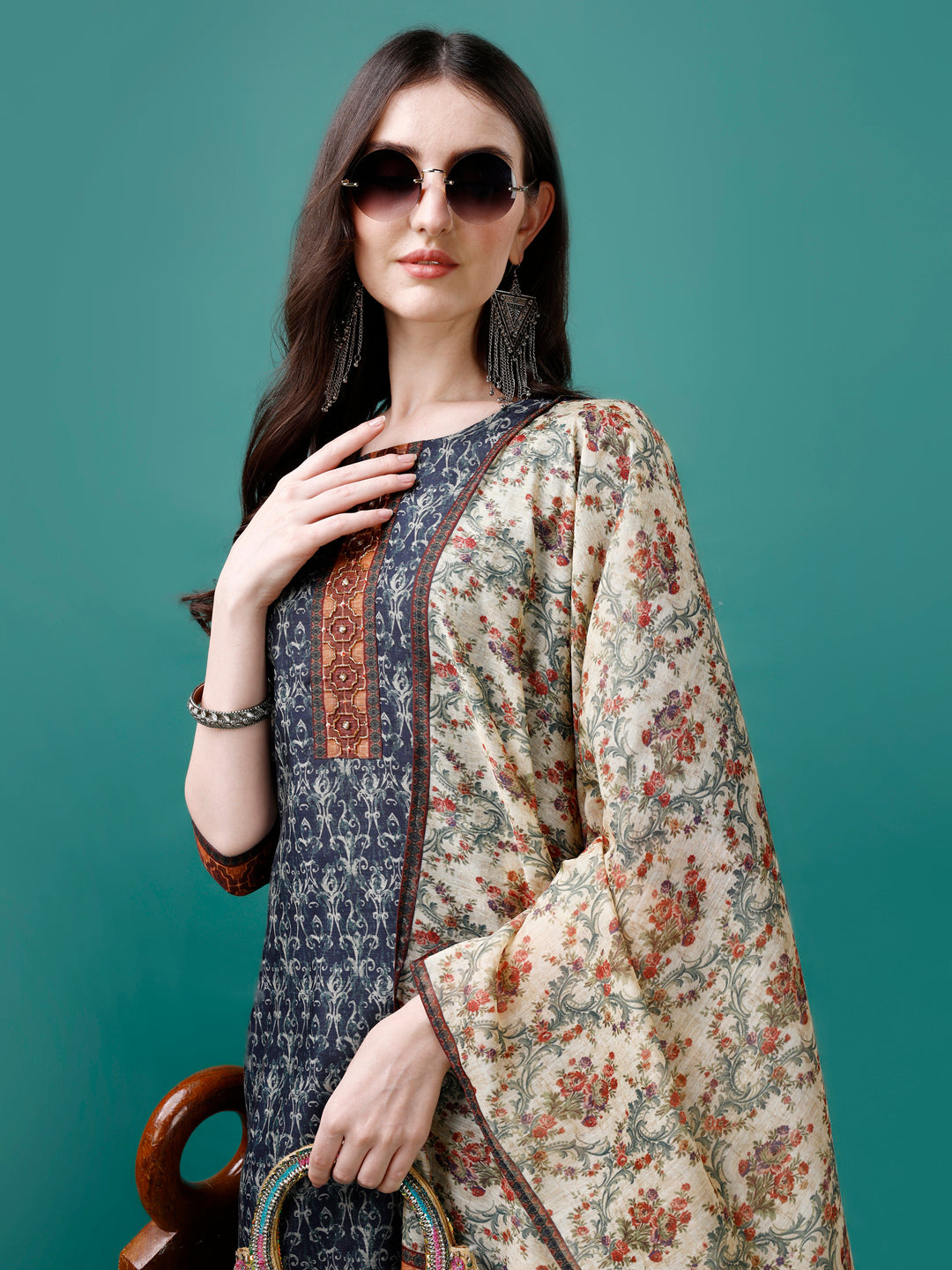Hand Embroidered Kurta With Pant & Dupatta, Multicolor - Hiral Fashion