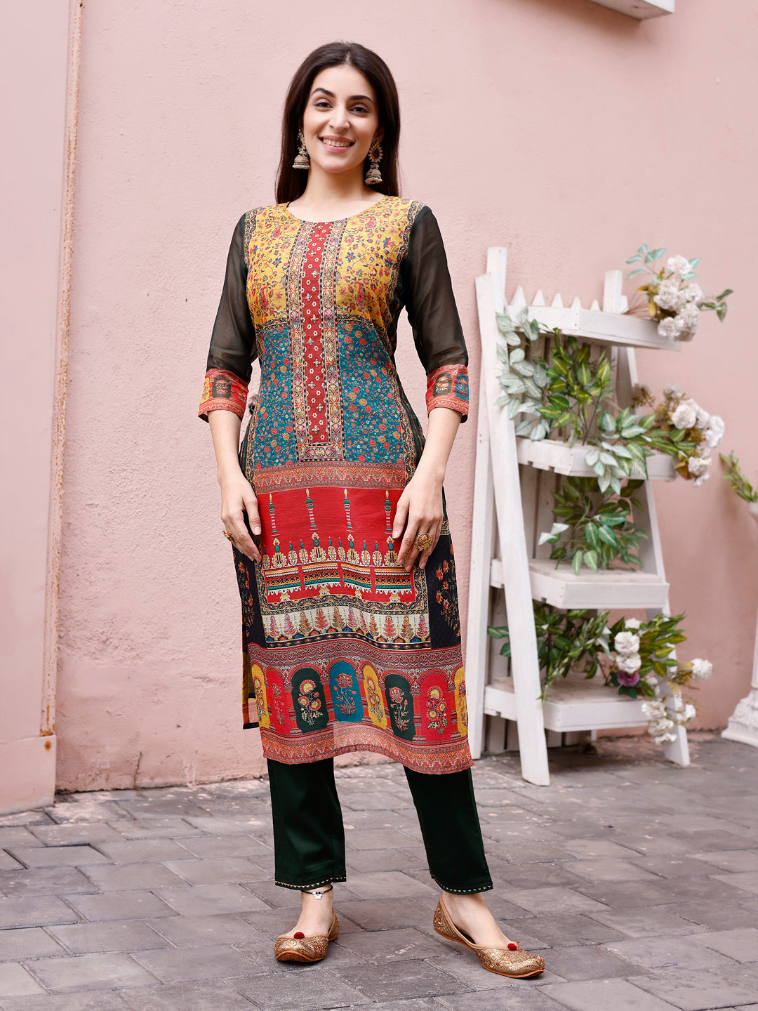 Printed Chanderi Kurta With Pant & Dupatta, Multicolor - Hiral Fashion