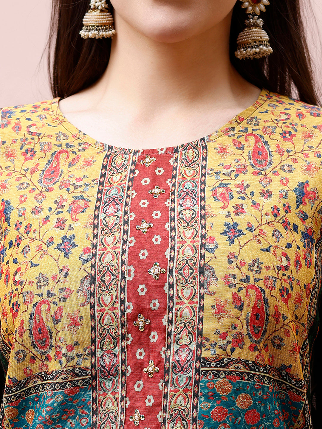 Printed Chanderi Kurta With Pant & Dupatta, Multicolor - Hiral Fashion