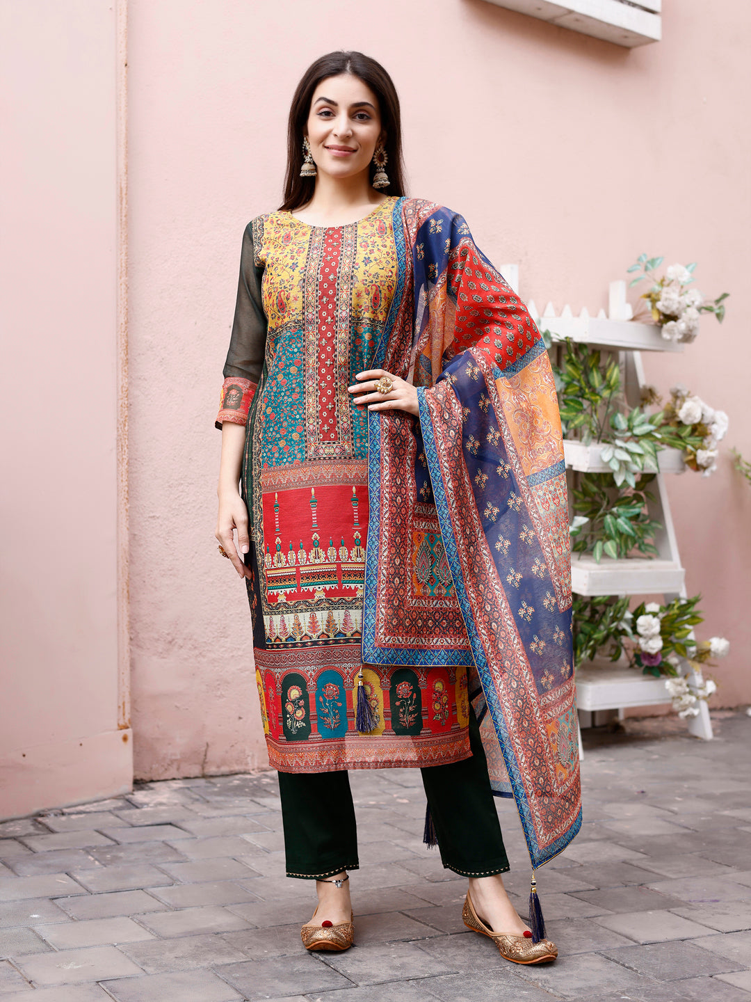 Printed Chanderi Kurta With Pant & Dupatta, Multicolor - Hiral Fashion