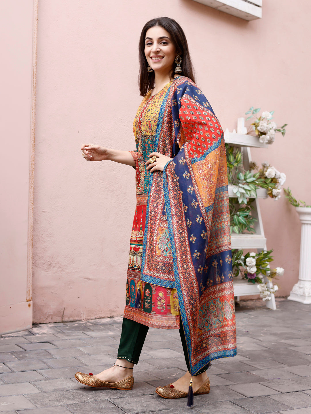 Printed Chanderi Kurta With Pant & Dupatta, Multicolor - Hiral Fashion
