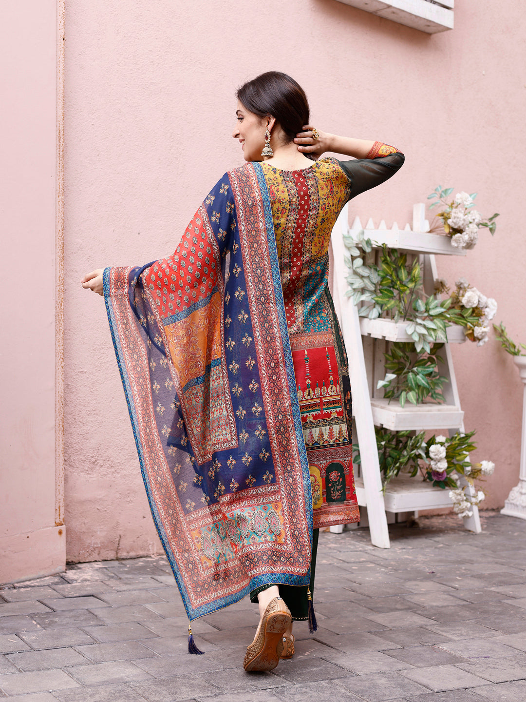 Printed Chanderi Kurta With Pant & Dupatta, Multicolor - Hiral Fashion