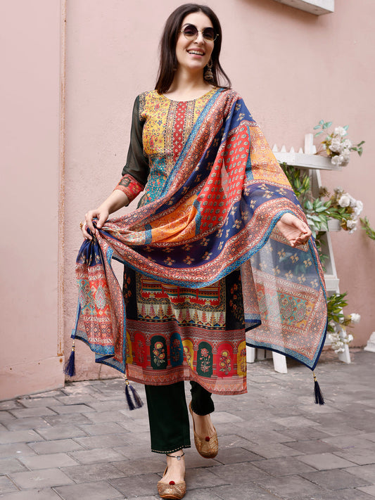 Printed Chanderi Kurta With Pant & Dupatta, Multicolor - Hiral Fashion