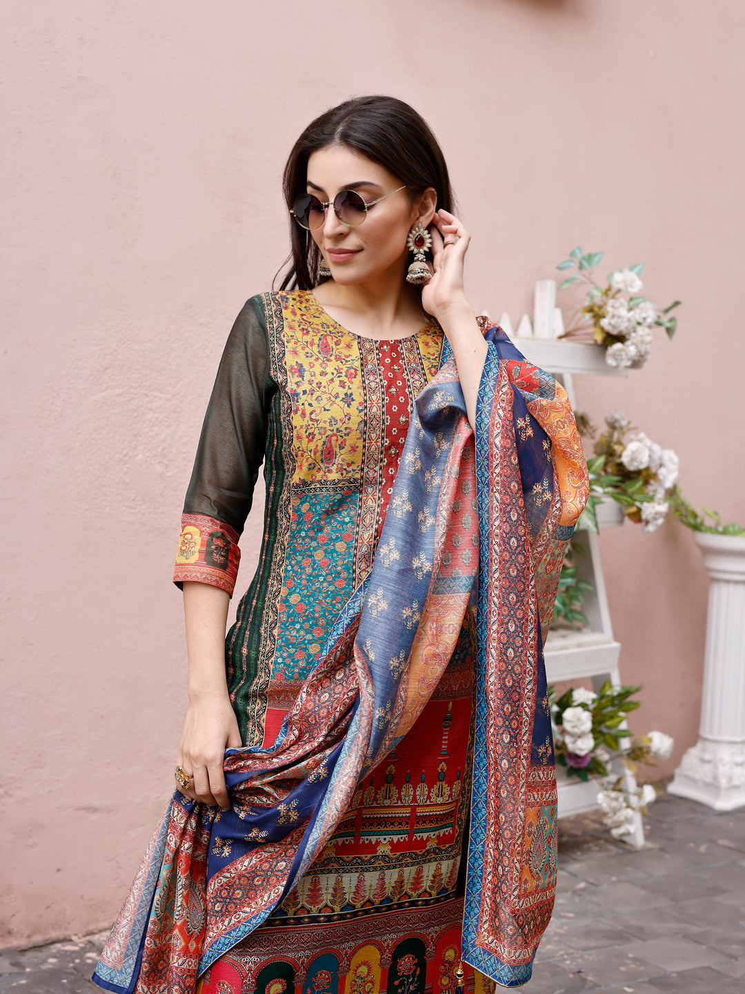 Printed Chanderi Kurta With Pant & Dupatta, Multicolor - Hiral Fashion
