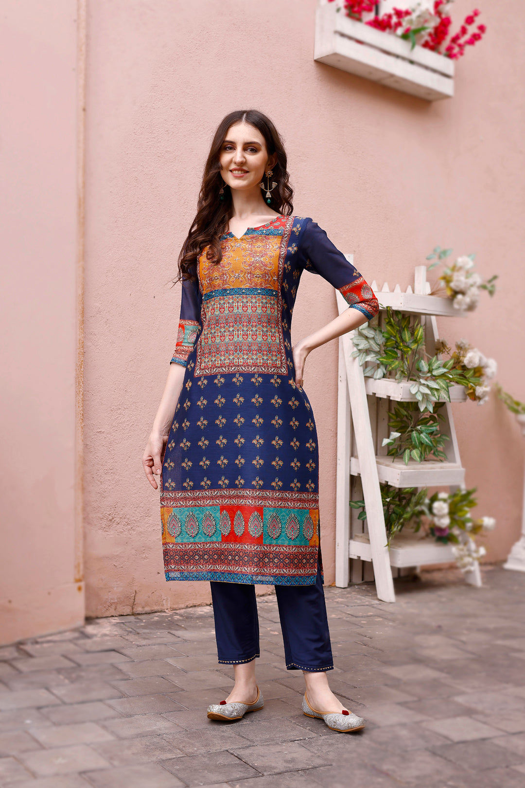 Printed Chanderi Kurta With Pant & Dupatta, Multicolor - Hiral Fashion