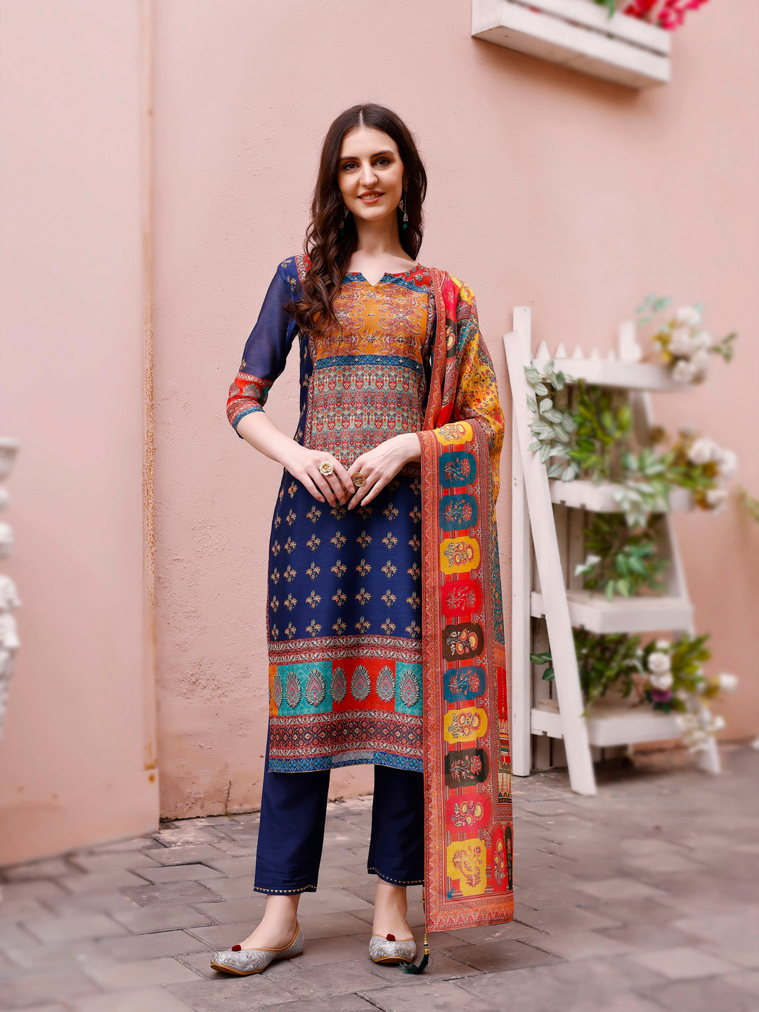 Printed Chanderi Kurta With Pant & Dupatta, Multicolor - Hiral Fashion