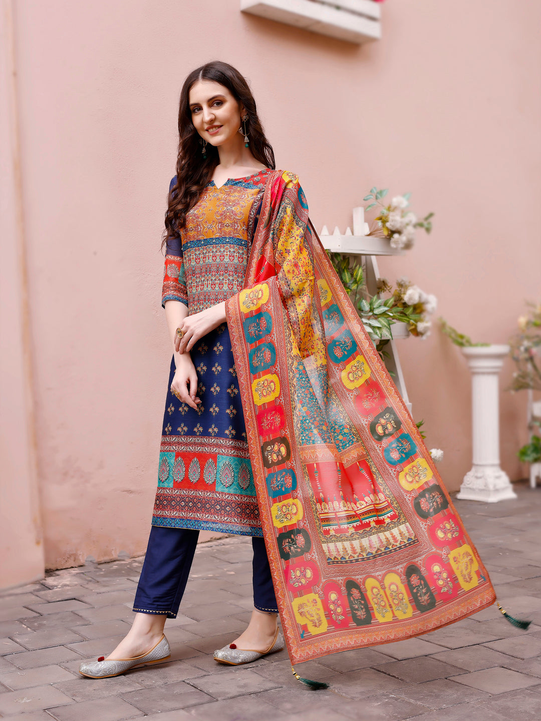 Printed Chanderi Kurta With Pant & Dupatta, Multicolor - Hiral Fashion