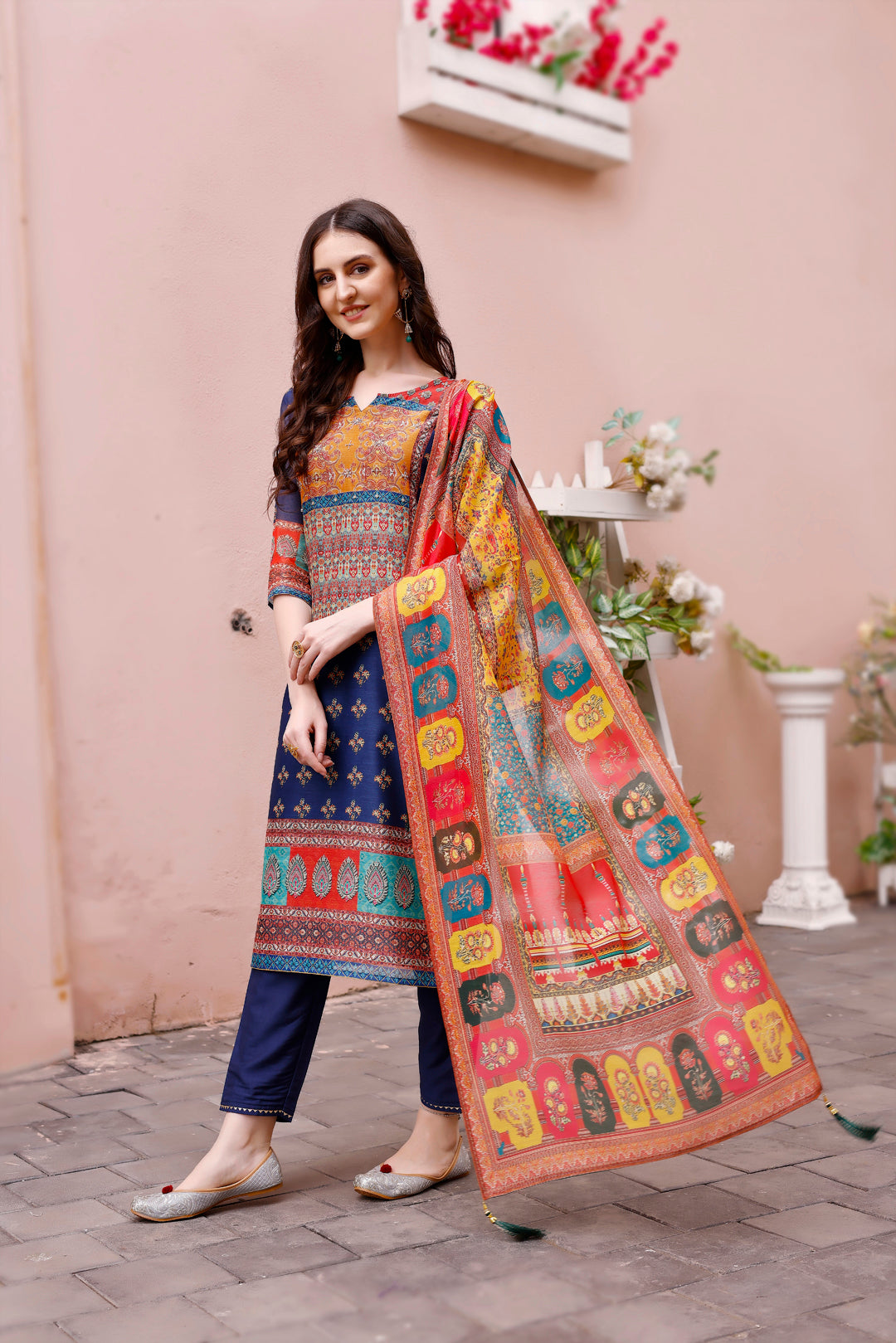 Printed Chanderi Kurta With Pant & Dupatta, Multicolor - Hiral Fashion
