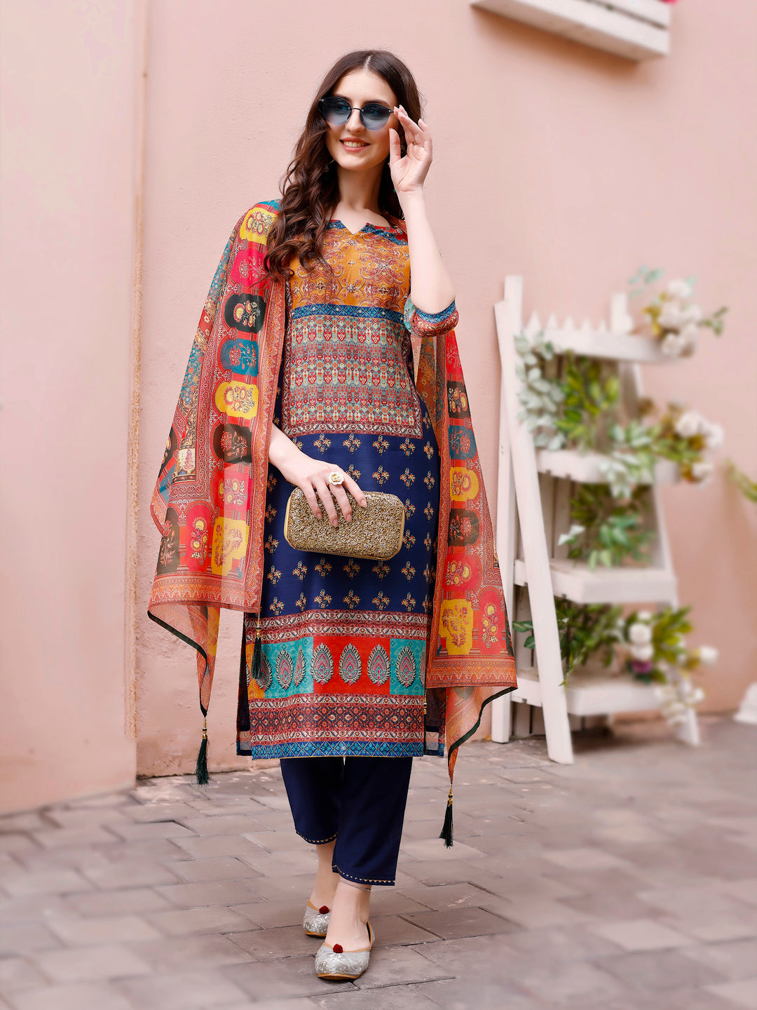 Printed Chanderi Kurta With Pant & Dupatta, Multicolor - Hiral Fashion
