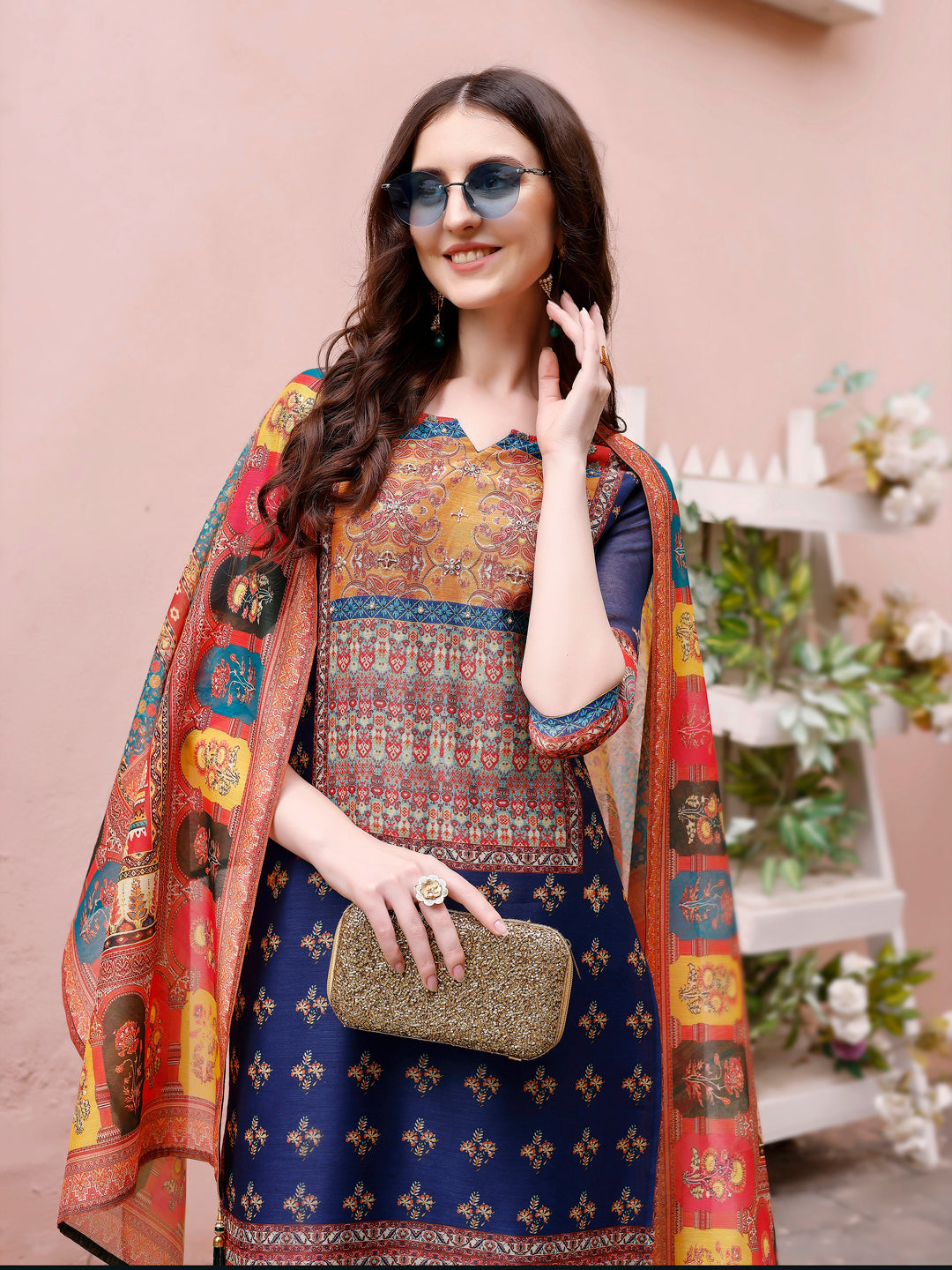 Printed Chanderi Kurta With Pant & Dupatta, Multicolor - Hiral Fashion
