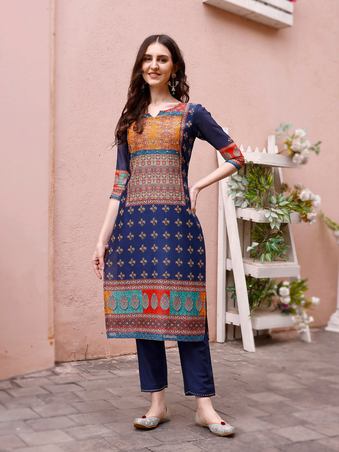 Printed Chanderi Kurta With Pant & Dupatta, Multicolor - Hiral Fashion