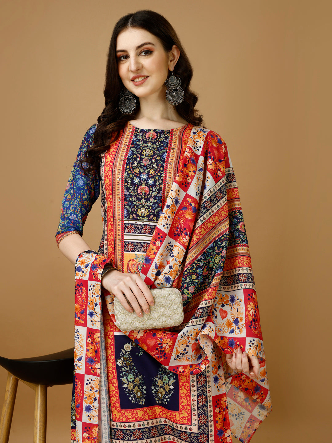 Hand Embroidered & Printed Kurta With Pant & Printed Dupatta, Multicolor - Hiral Fashion