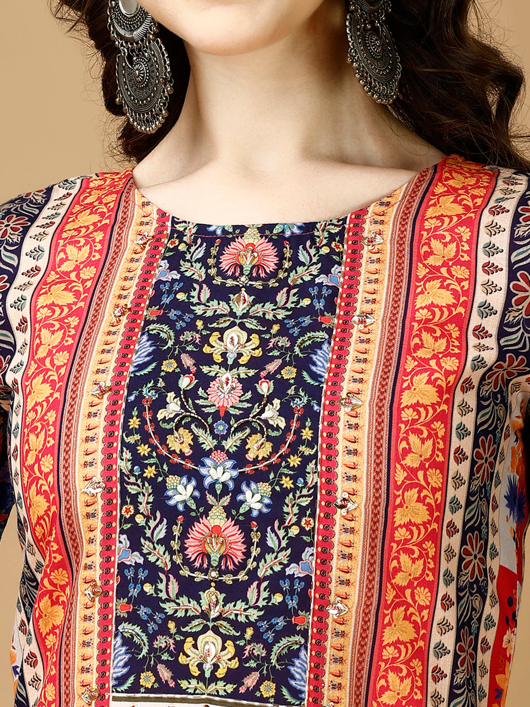 Hand Embroidered & Printed Kurta With Pant & Printed Dupatta, Multicolor - Hiral Fashion
