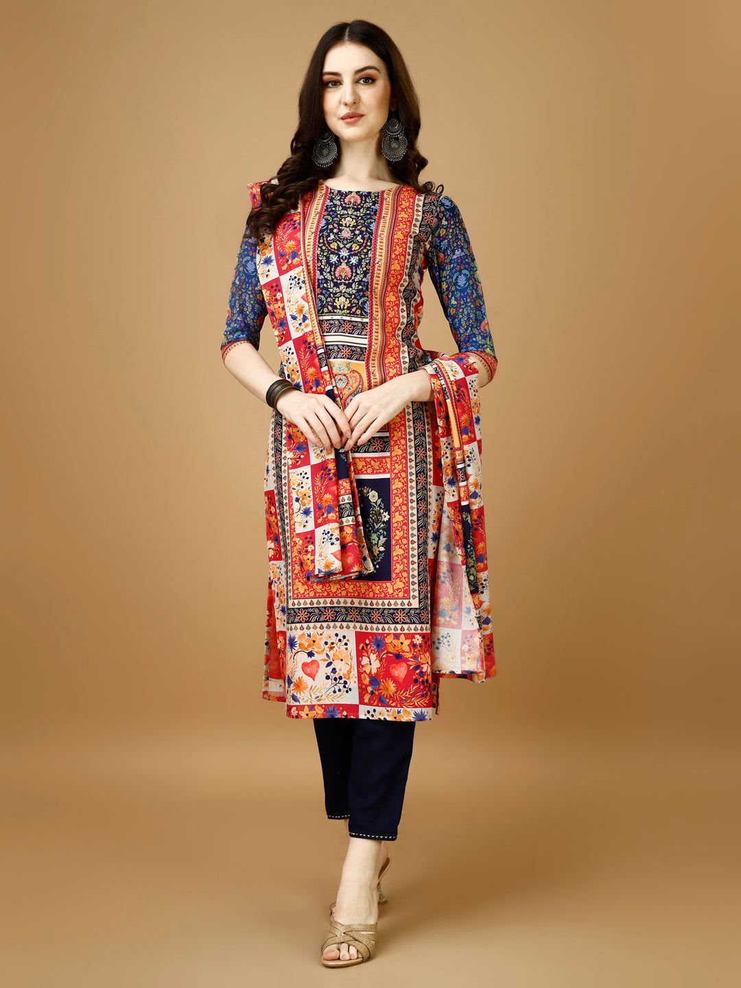 Hand Embroidered & Printed Kurta With Pant & Printed Dupatta, Multicolor - Hiral Fashion