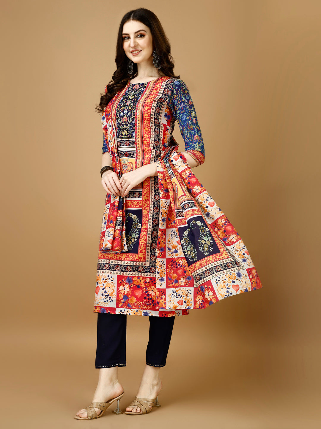 Hand Embroidered & Printed Kurta With Pant & Printed Dupatta, Multicolor - Hiral Fashion
