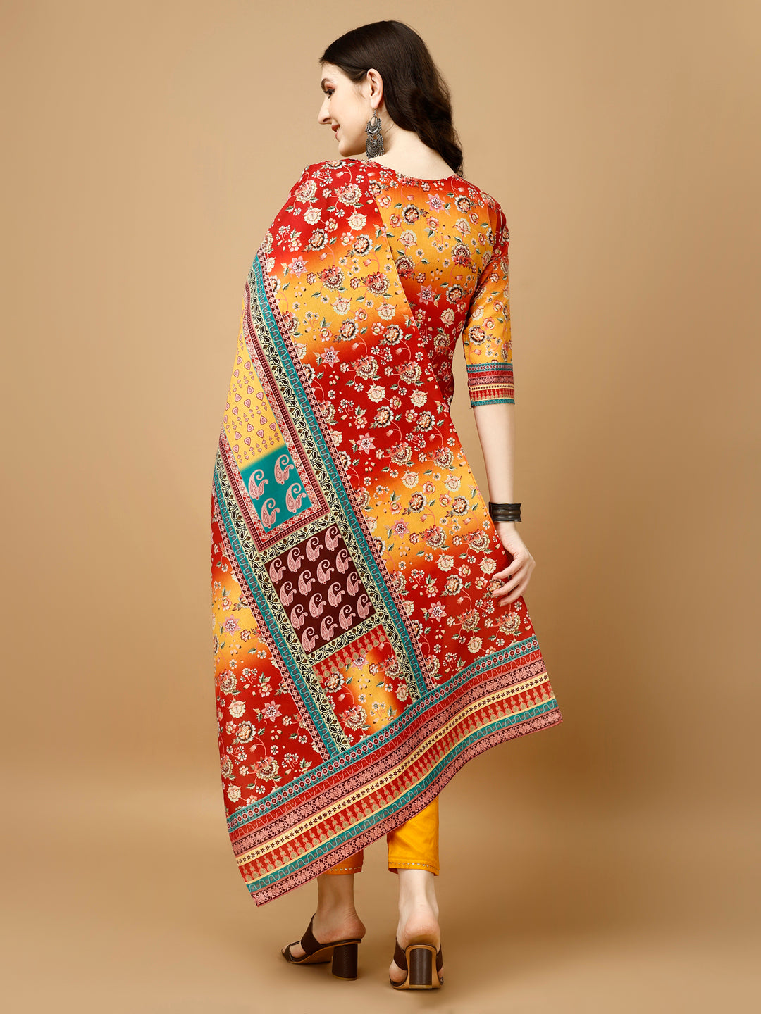 Hand Embroidered & Printed Kurta With Pant & Printed Dupatta, Multicolor - Hiral Fashion