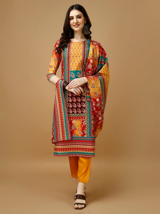 Hand Embroidered & Printed Kurta With Pant & Printed Dupatta, Multicolor - Hiral Fashion