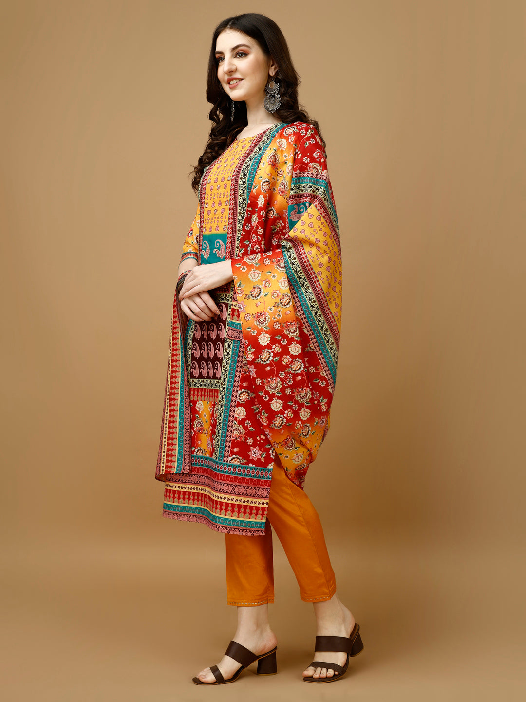 Hand Embroidered & Printed Kurta With Pant & Printed Dupatta, Multicolor - Hiral Fashion