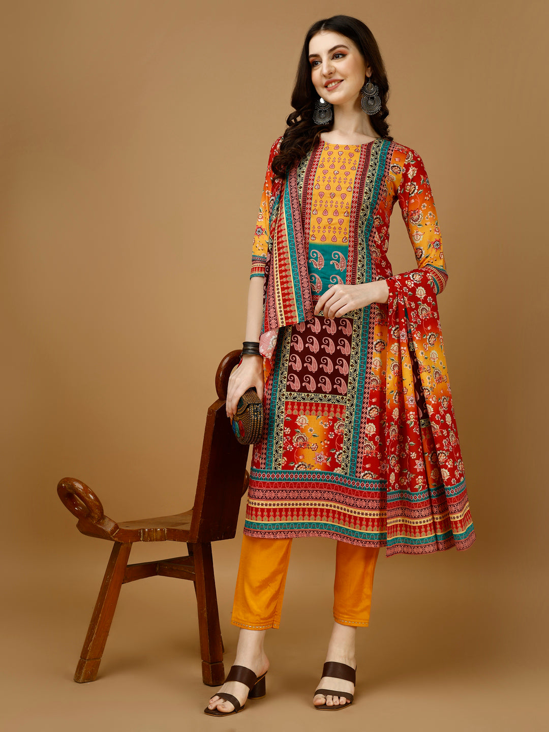 Hand Embroidered & Printed Kurta With Pant & Printed Dupatta, Multicolor - Hiral Fashion
