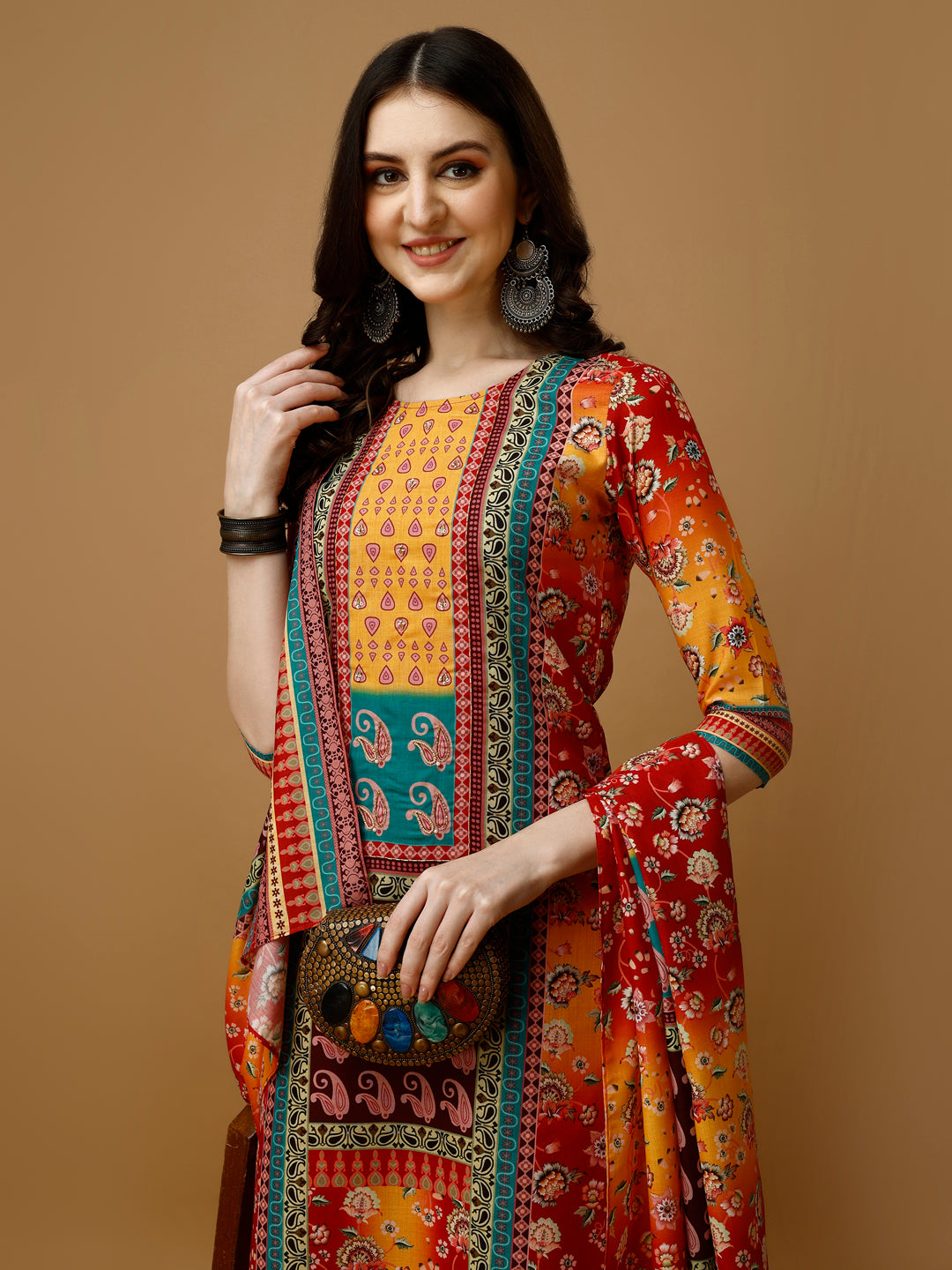 Hand Embroidered & Printed Kurta With Pant & Printed Dupatta, Multicolor - Hiral Fashion