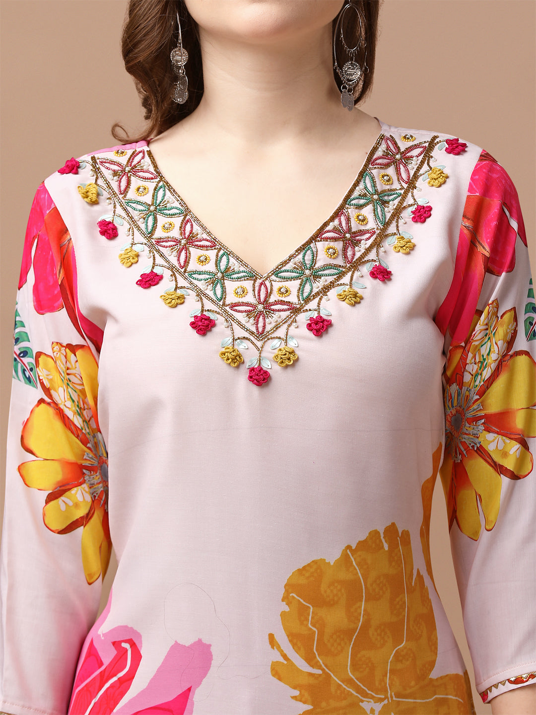 Hand Embroidered Floral Printed Muslin Kurta Pant & Dupatta, Multicolor - Hiral Fashion