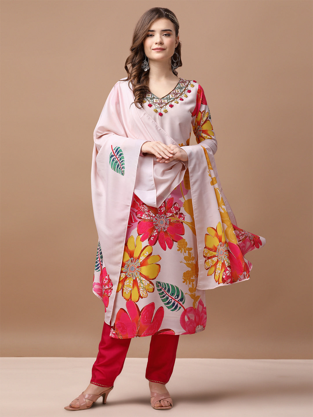 Hand Embroidered Floral Printed Muslin Kurta Pant & Dupatta, Multicolor - Hiral Fashion