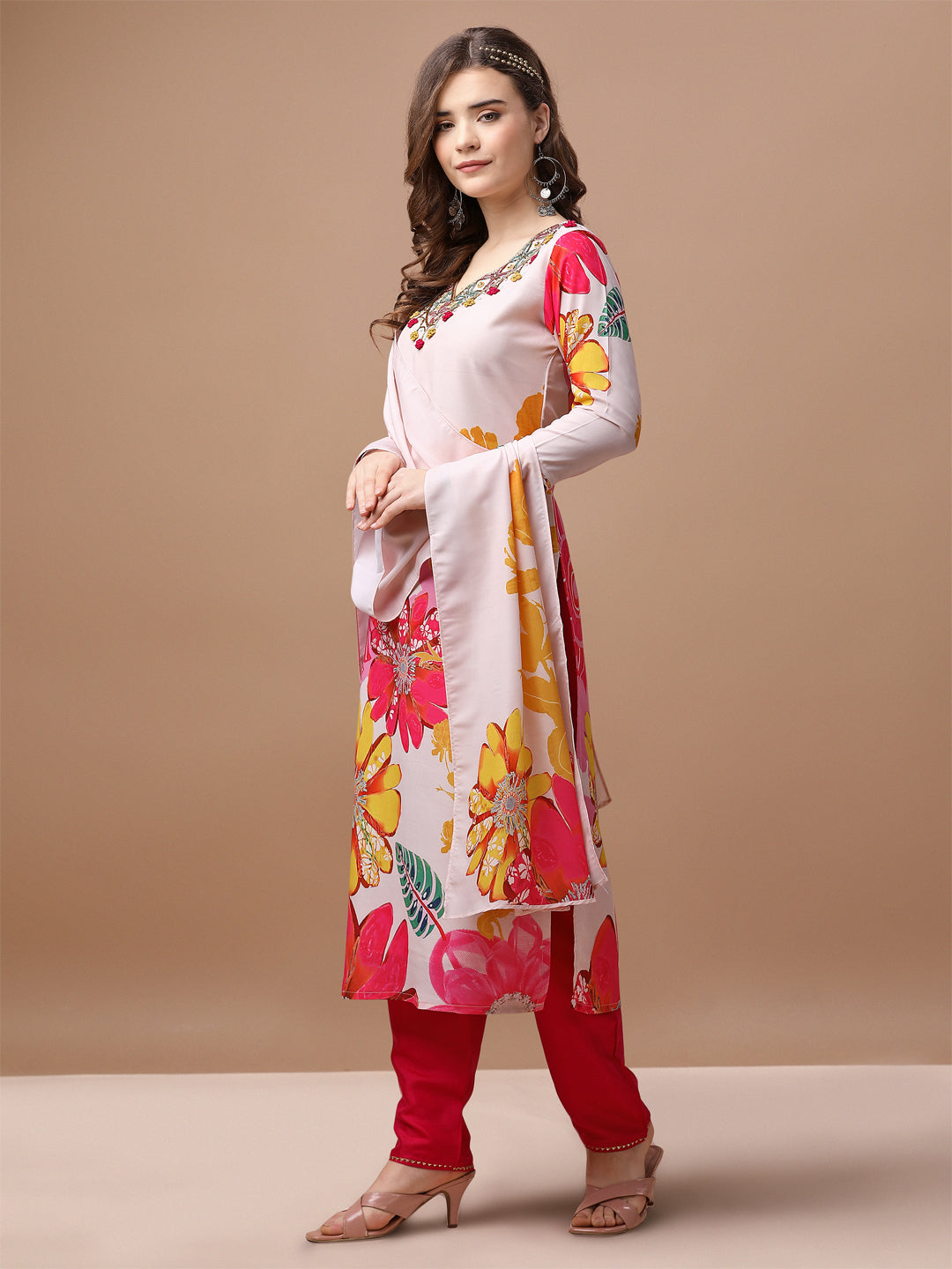 Hand Embroidered Floral Printed Muslin Kurta Pant & Dupatta, Multicolor - Hiral Fashion