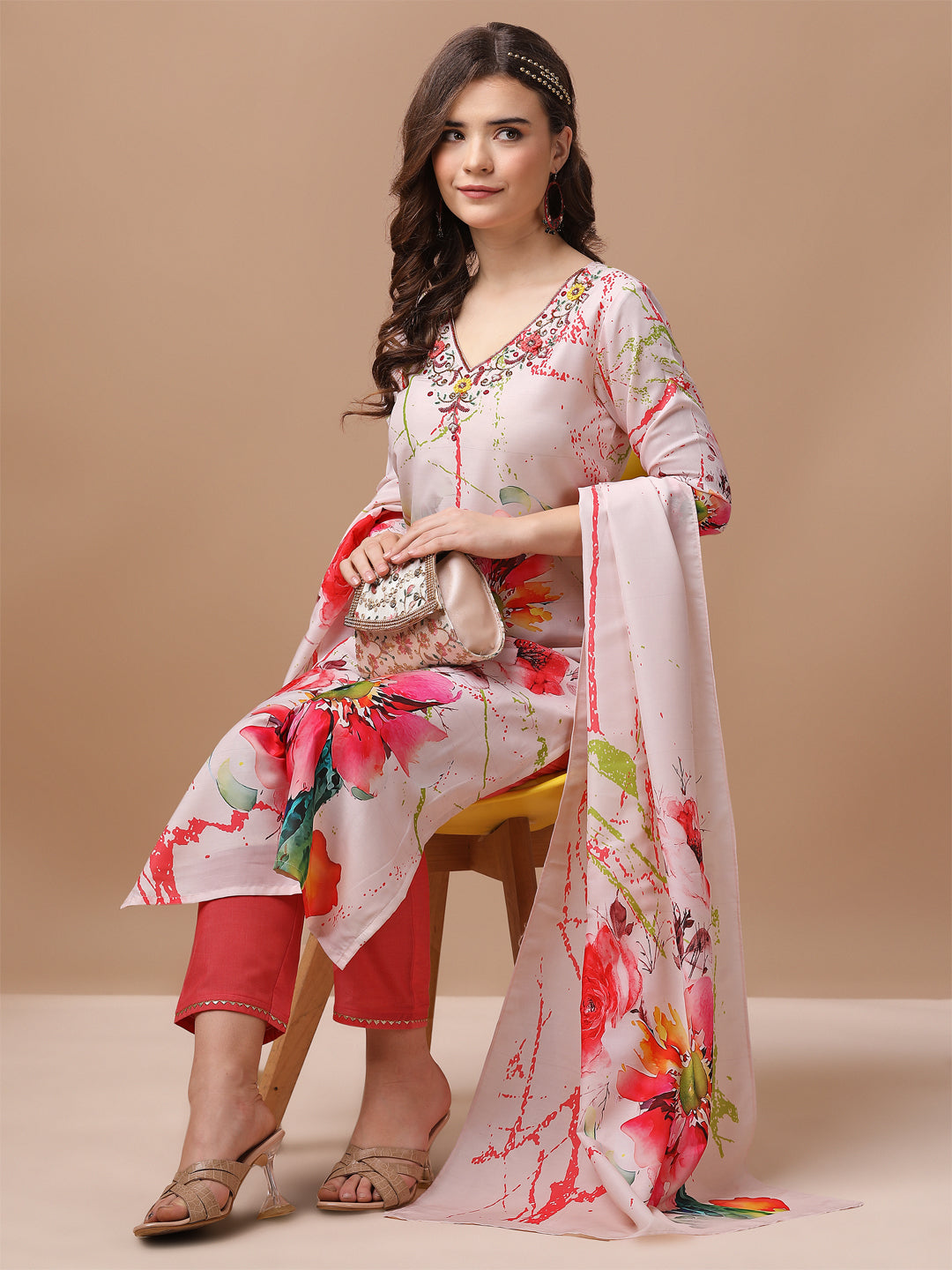 Hand Embroidered Floral Printed Muslin Kurta With Pant & Dupatta, Multicolor - Hiral Fashion