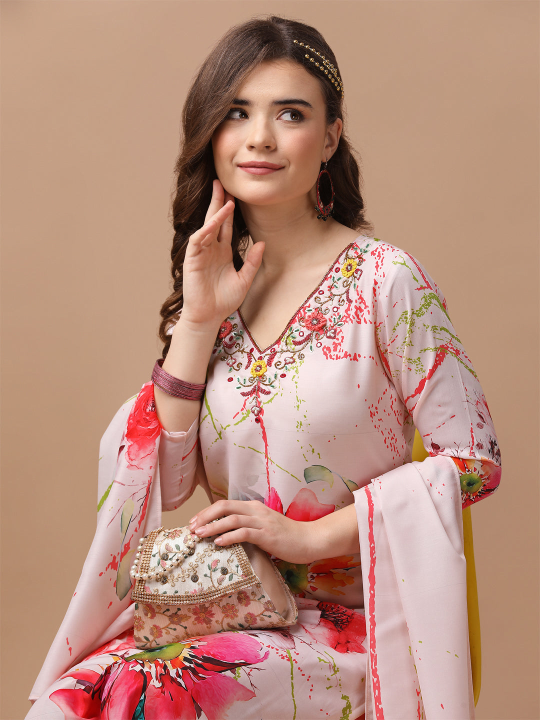 Hand Embroidered Floral Printed Muslin Kurta With Pant & Dupatta, Multicolor - Hiral Fashion