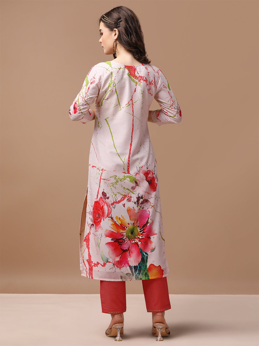 Hand Embroidered Floral Printed Muslin Kurta With Pant & Dupatta, Multicolor - Hiral Fashion