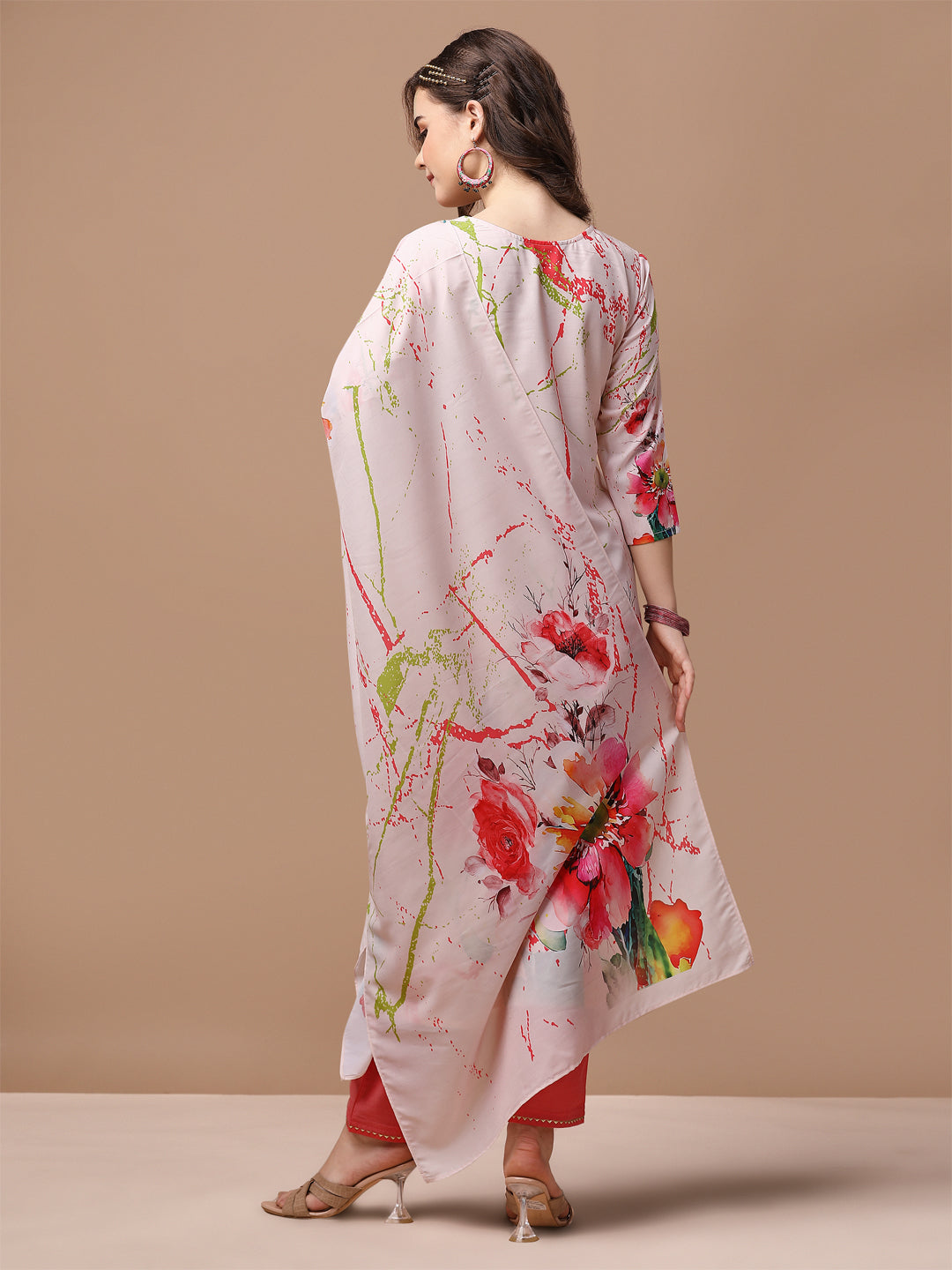 Hand Embroidered Floral Printed Muslin Kurta With Pant & Dupatta, Multicolor - Hiral Fashion