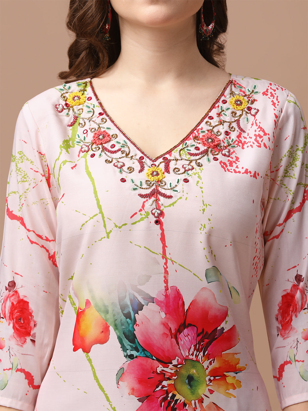 Hand Embroidered Floral Printed Muslin Kurta With Pant & Dupatta, Multicolor - Hiral Fashion
