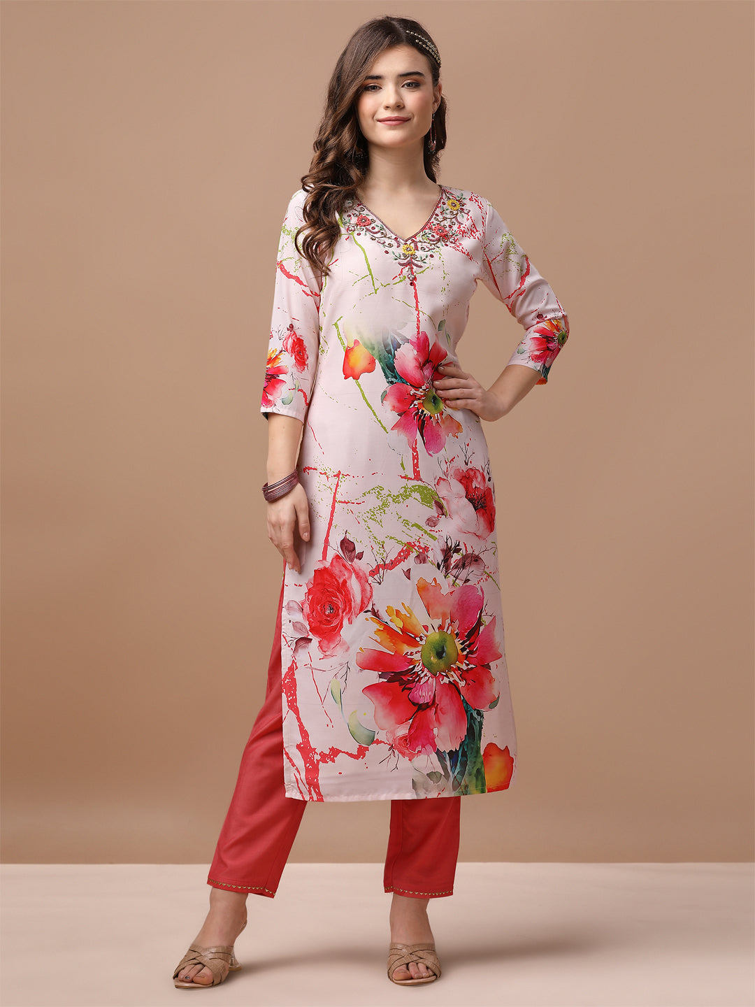 Hand Embroidered Floral Printed Muslin Kurta With Pant & Dupatta, Multicolor - Hiral Fashion