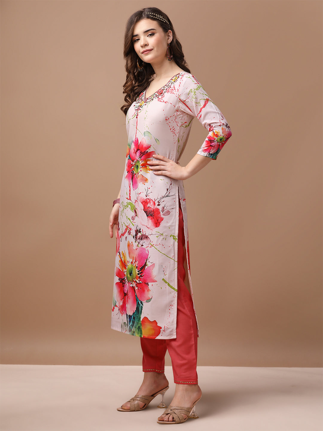 Hand Embroidered Floral Printed Muslin Kurta With Pant & Dupatta, Multicolor - Hiral Fashion