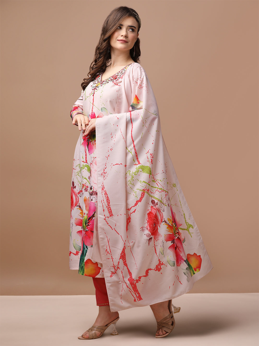 Hand Embroidered Floral Printed Muslin Kurta With Pant & Dupatta, Multicolor - Hiral Fashion