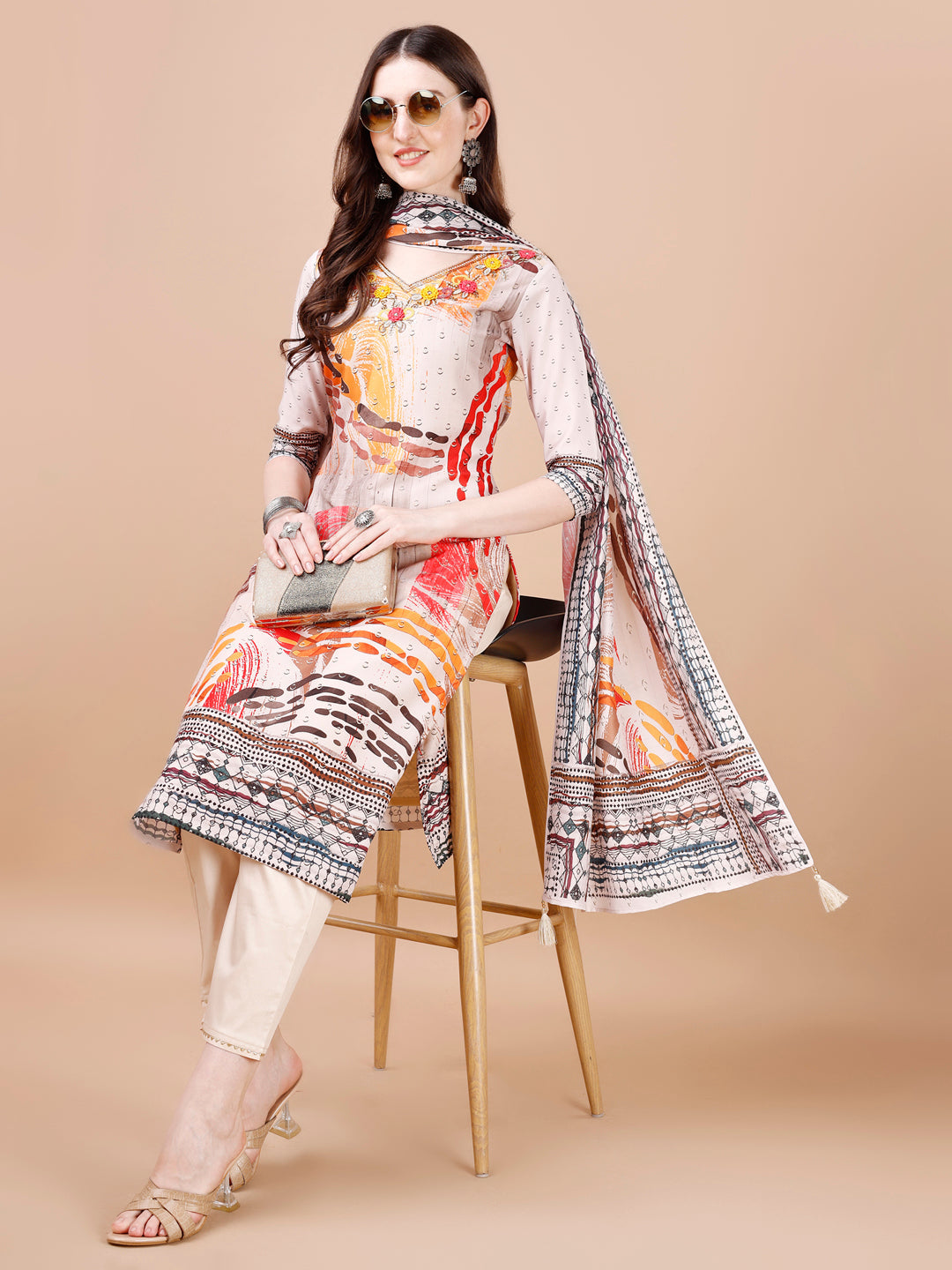 Hand Embroidered Printed Muslin Kurta With Pant & Dupatta, Multicolor - Hiral Fashion