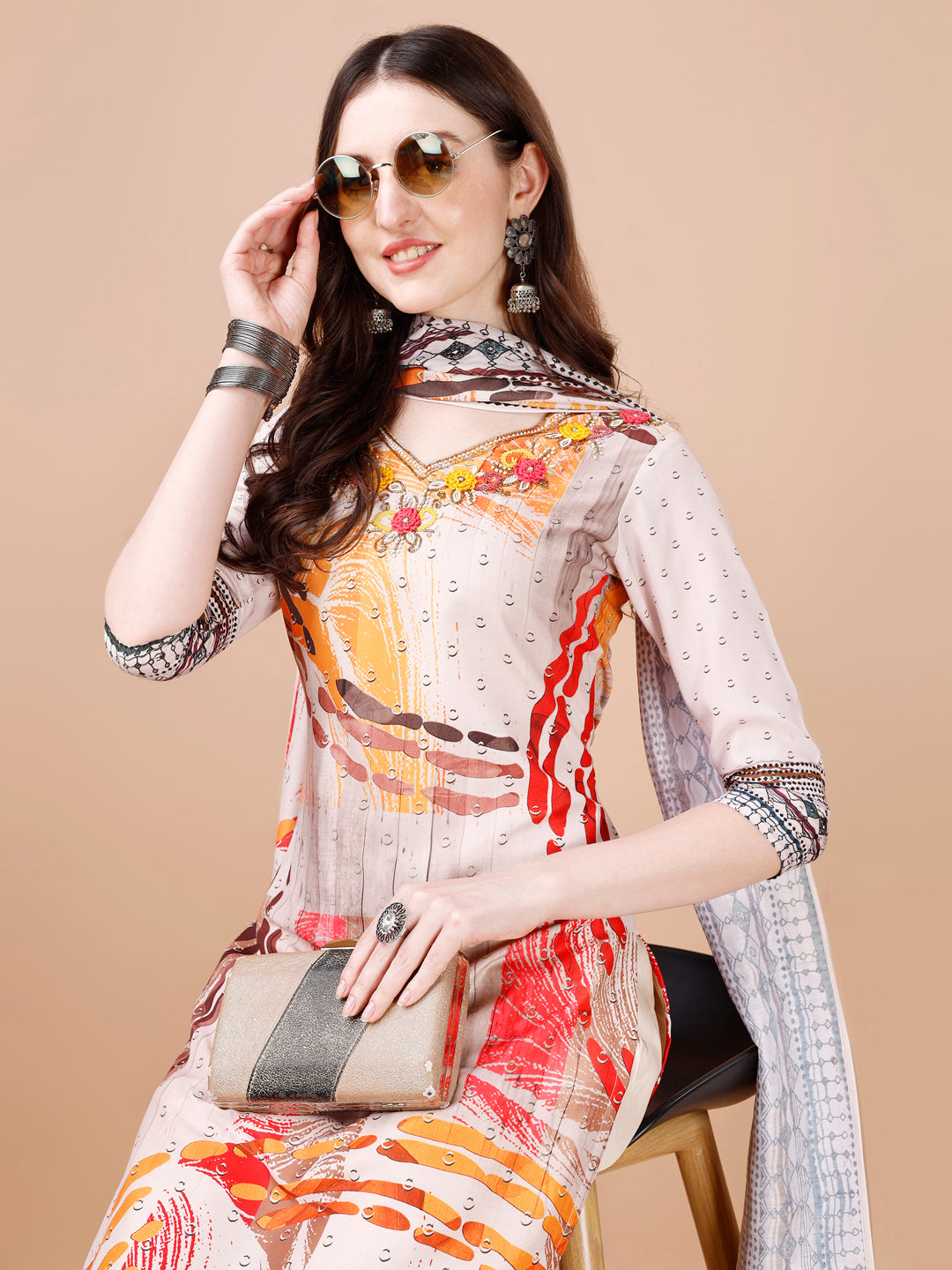 Hand Embroidered Printed Muslin Kurta With Pant & Dupatta, Multicolor - Hiral Fashion