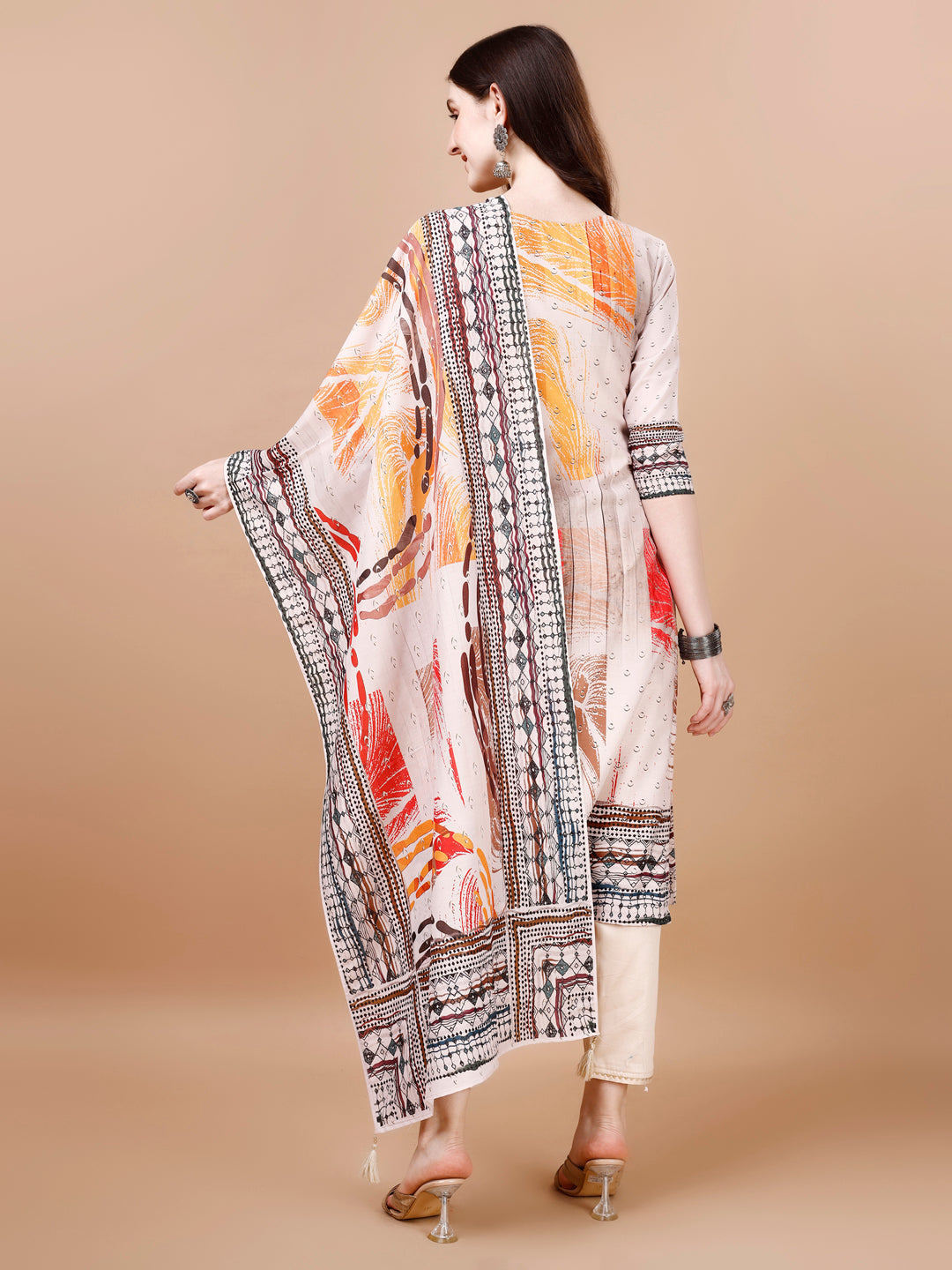Hand Embroidered Printed Muslin Kurta With Pant & Dupatta, Multicolor - Hiral Fashion