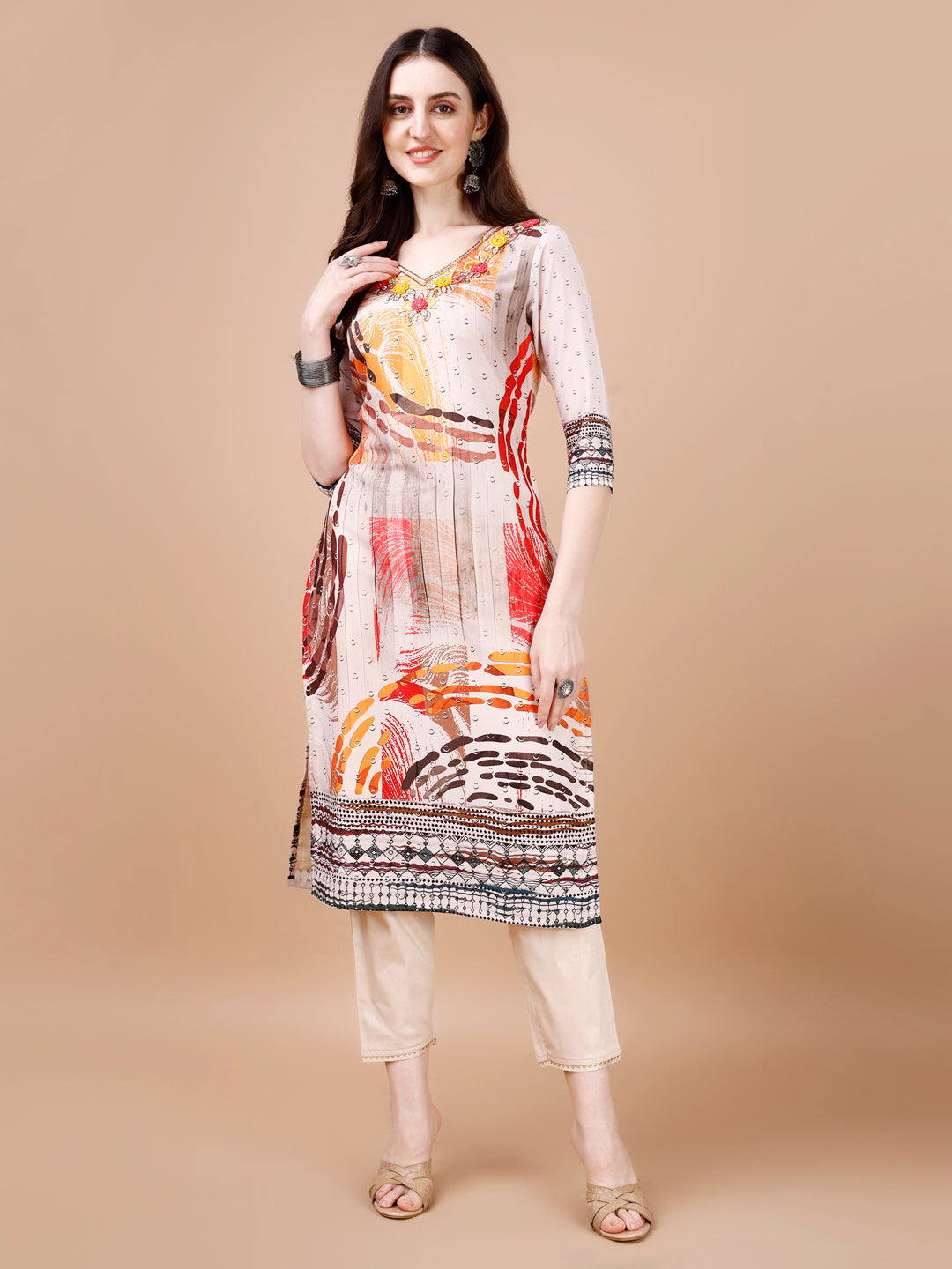 Hand Embroidered Printed Muslin Kurta With Pant & Dupatta, Multicolor - Hiral Fashion