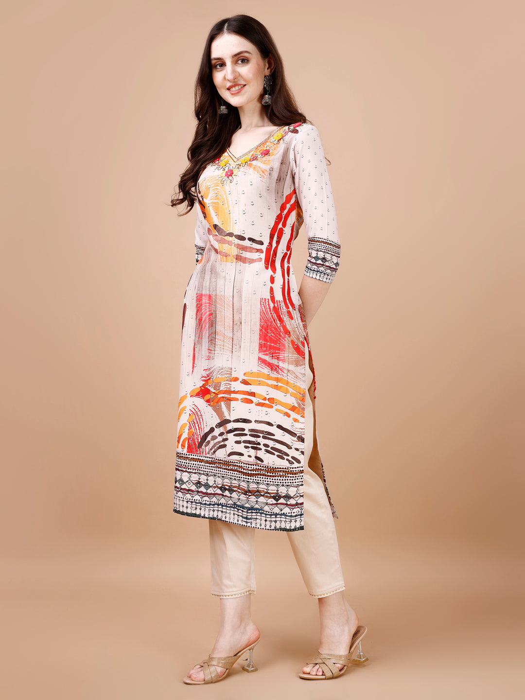Hand Embroidered Printed Muslin Kurta With Pant & Dupatta, Multicolor - Hiral Fashion