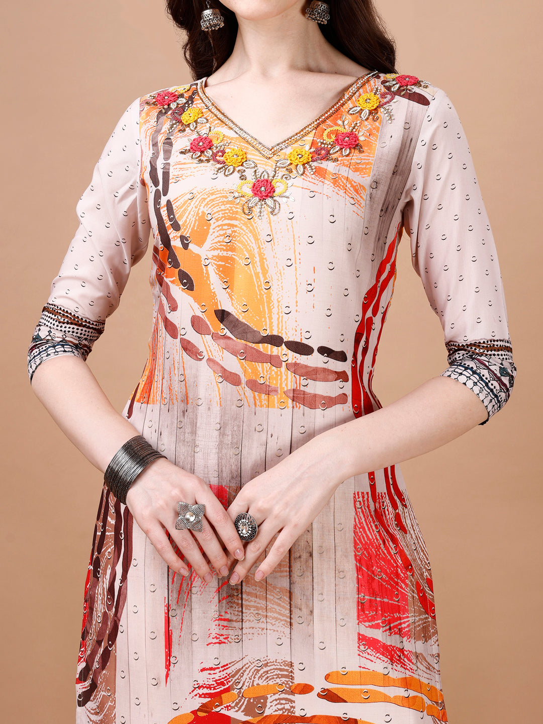 Hand Embroidered Printed Muslin Kurta With Pant & Dupatta, Multicolor - Hiral Fashion
