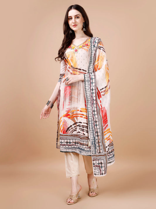 Hand Embroidered Printed Muslin Kurta With Pant & Dupatta, Multicolor - Hiral Fashion