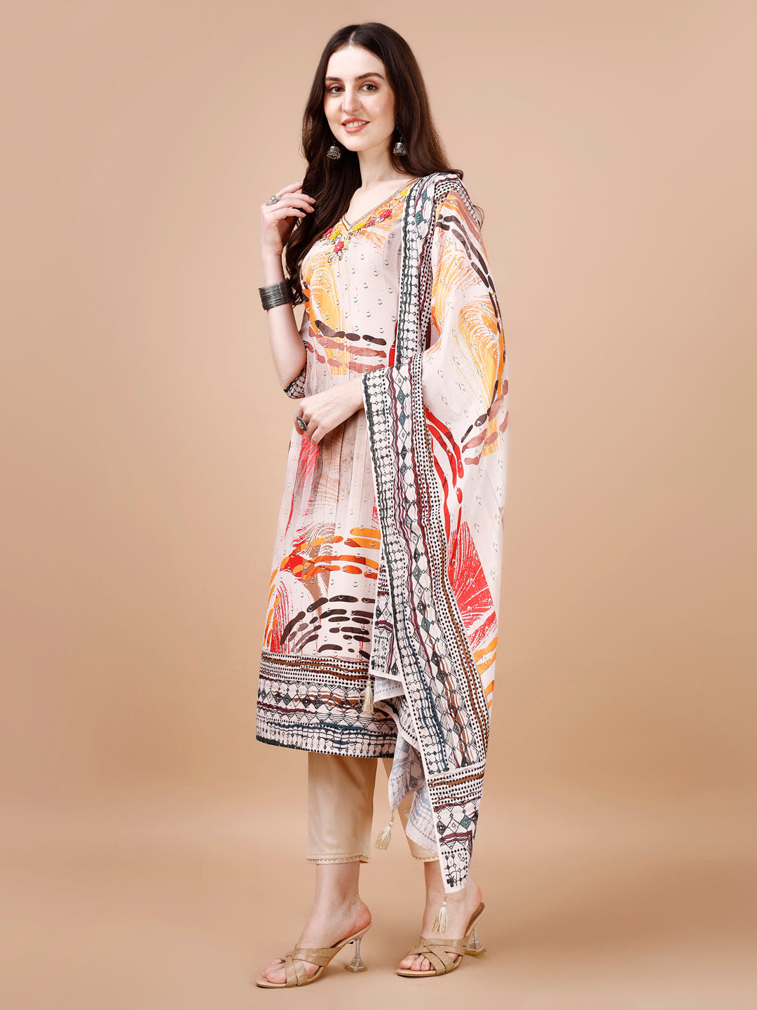 Hand Embroidered Printed Muslin Kurta With Pant & Dupatta, Multicolor - Hiral Fashion