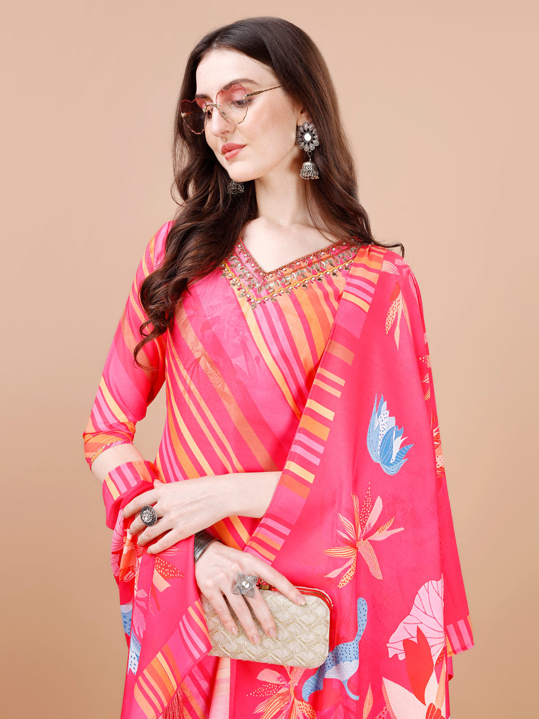 Hand Embroidered Stripes Printed Muslin Kurta With Pant & Dupatta, Multicolor - Hiral Fashion