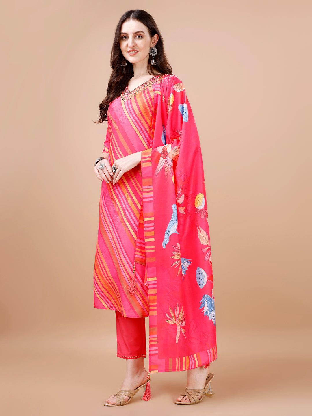 Hand Embroidered Stripes Printed Muslin Kurta With Pant & Dupatta, Multicolor - Hiral Fashion