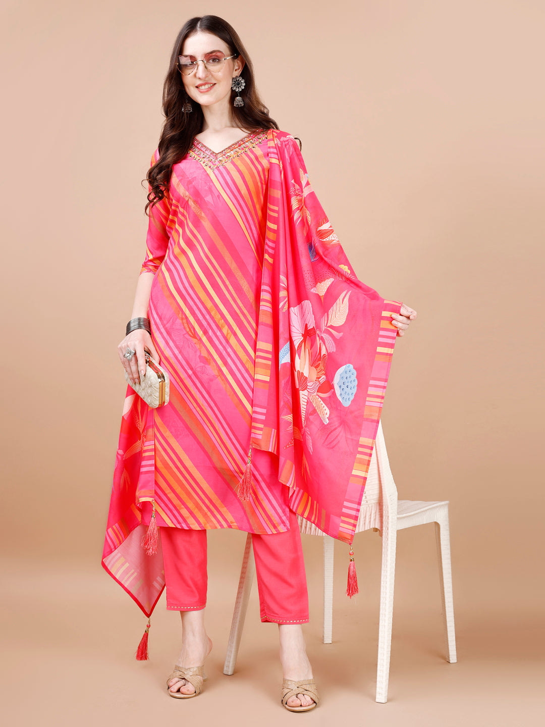 Hand Embroidered Stripes Printed Muslin Kurta With Pant & Dupatta, Multicolor - Hiral Fashion