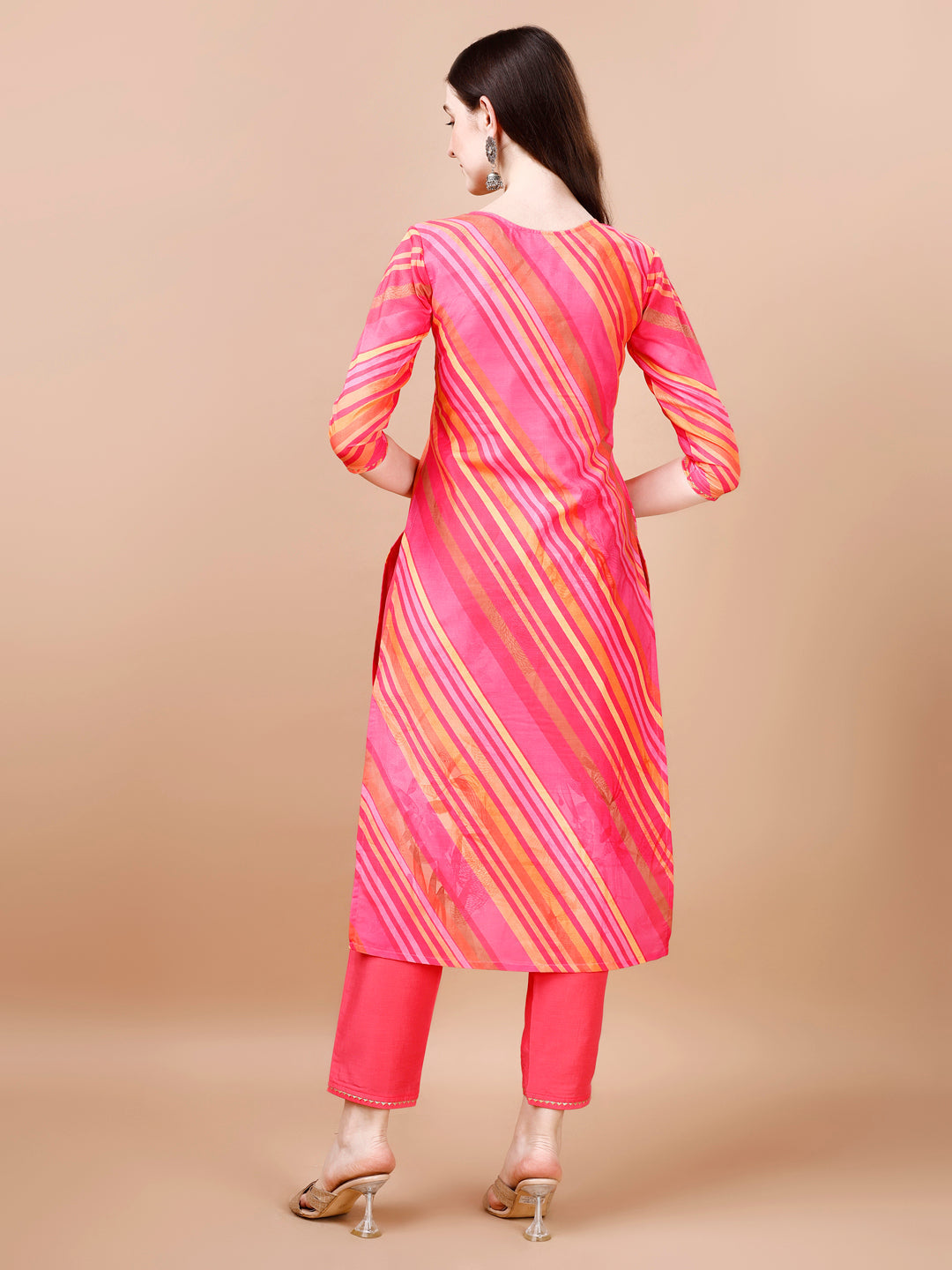 Hand Embroidered Stripes Printed Muslin Kurta With Pant & Dupatta, Multicolor - Hiral Fashion