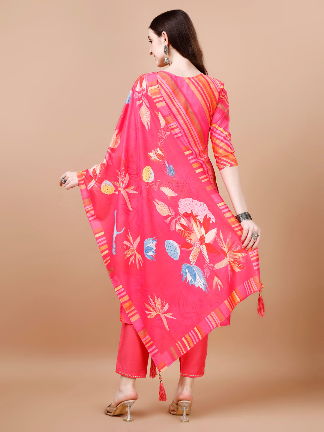 Hand Embroidered Stripes Printed Muslin Kurta With Pant & Dupatta, Multicolor - Hiral Fashion