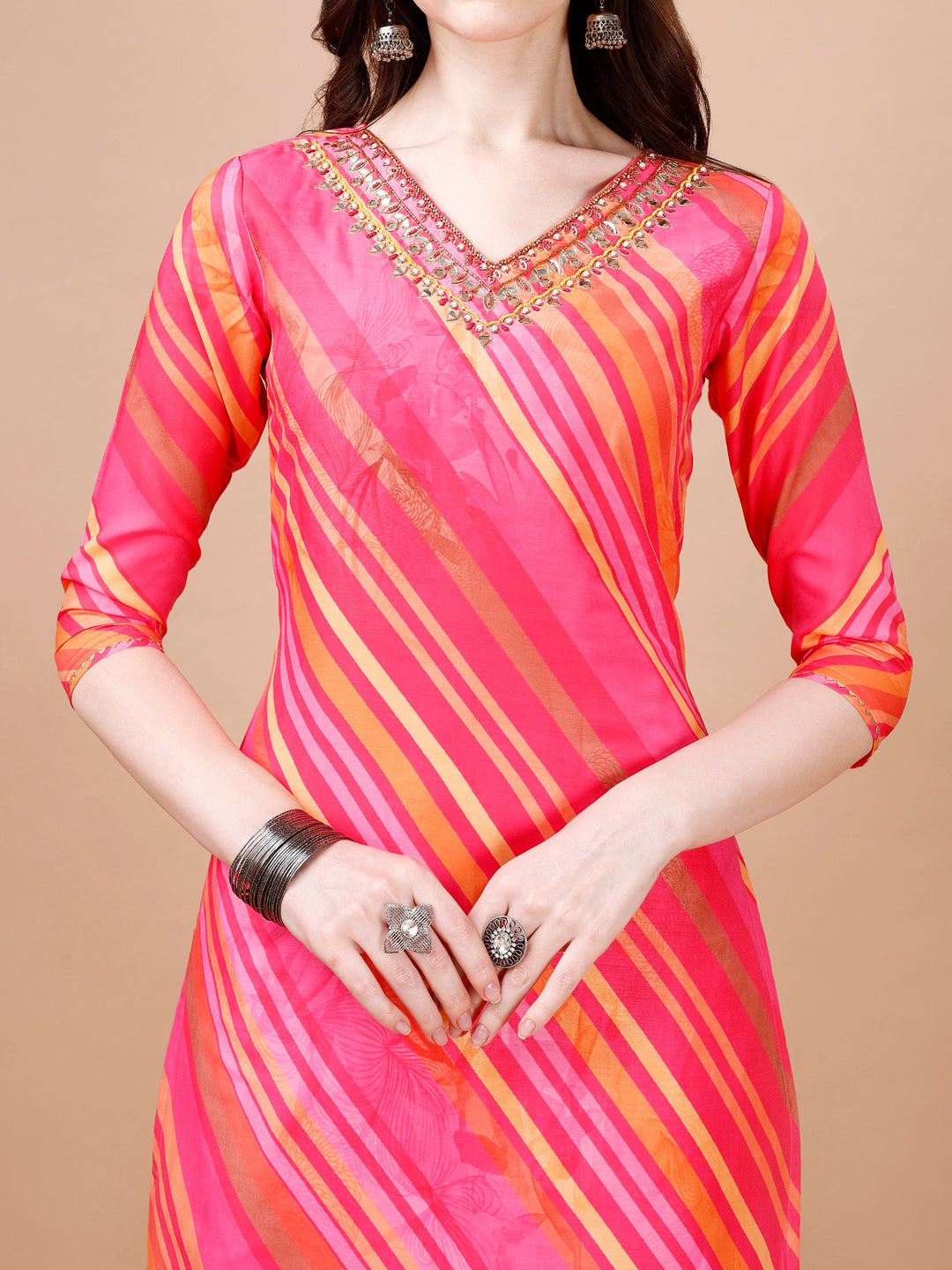Hand Embroidered Stripes Printed Muslin Kurta With Pant & Dupatta, Multicolor - Hiral Fashion