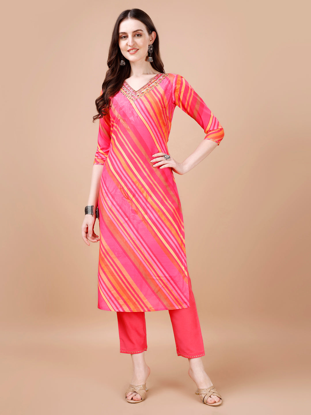 Hand Embroidered Stripes Printed Muslin Kurta With Pant & Dupatta, Multicolor - Hiral Fashion